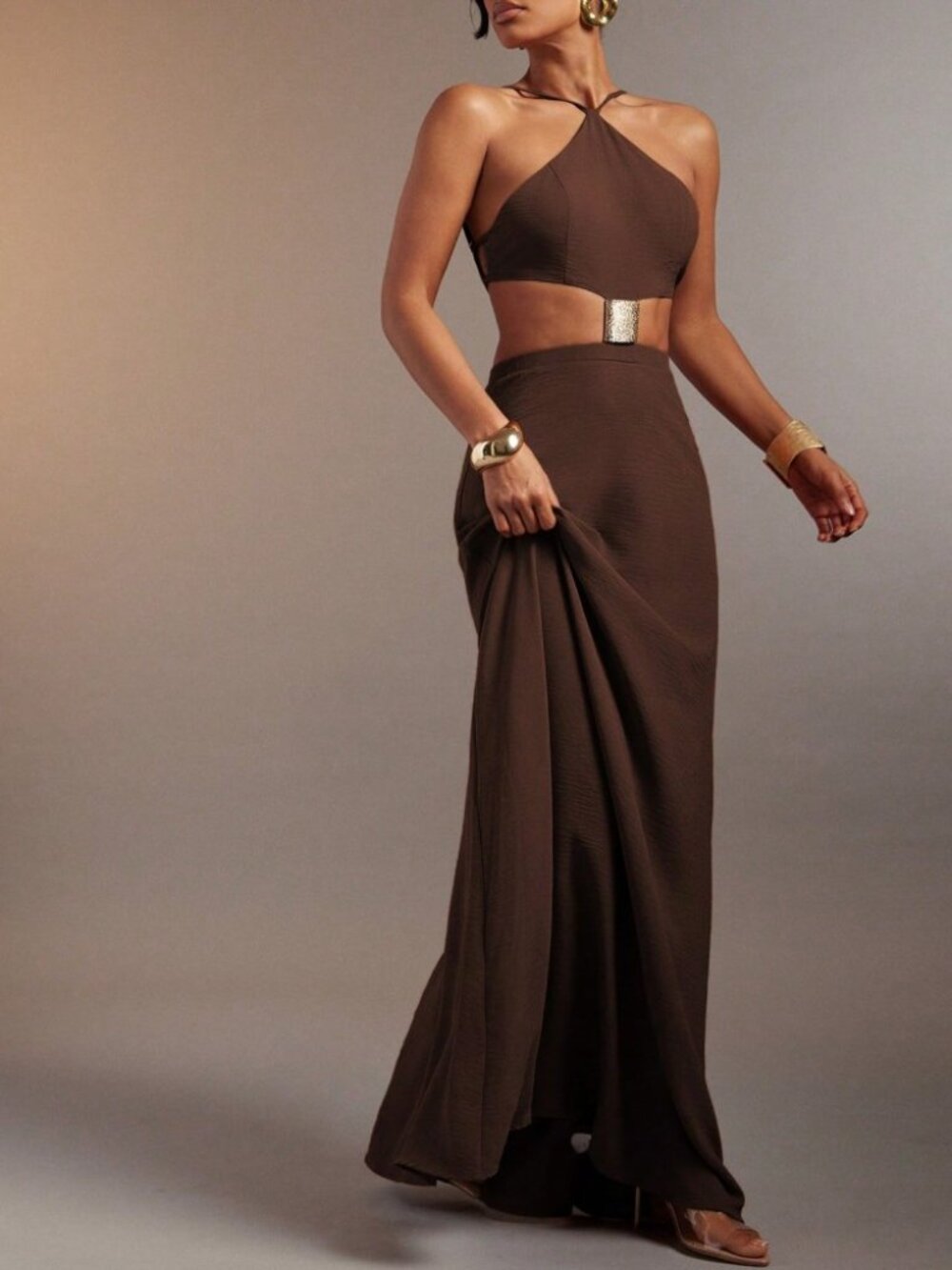 Coffee Brown Halter Cutout Maxi Dress with Gold Center Detail